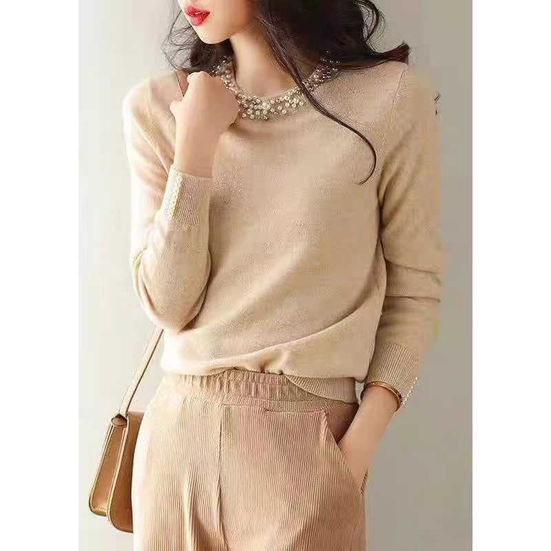 Italian Apricot O Neck Nail Bead Warm Knit Sweaters Fall