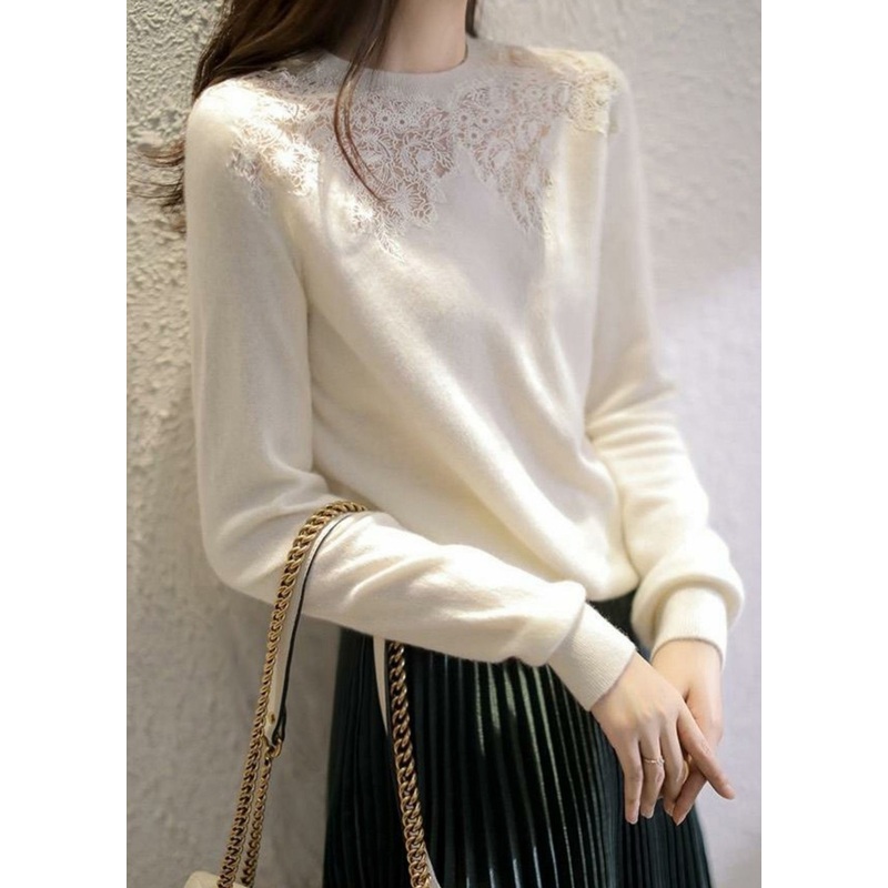 Italian Beige O Neck Hollow Out Patchwork Knit Top Fall