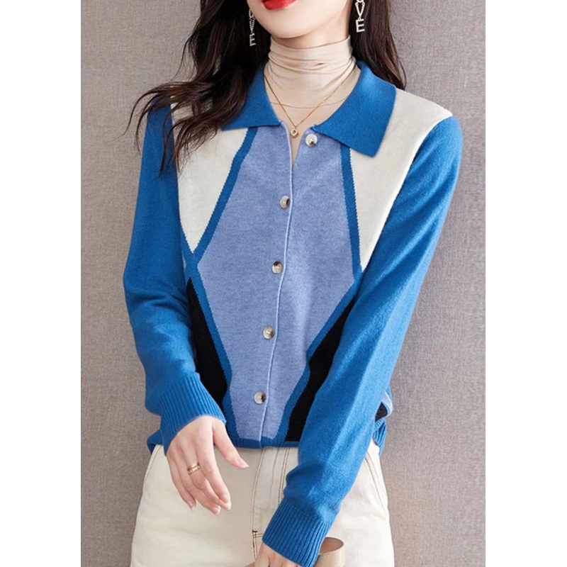 Italian Blue Peter Pan Collar Button Patchwork Knit Sweater Fall