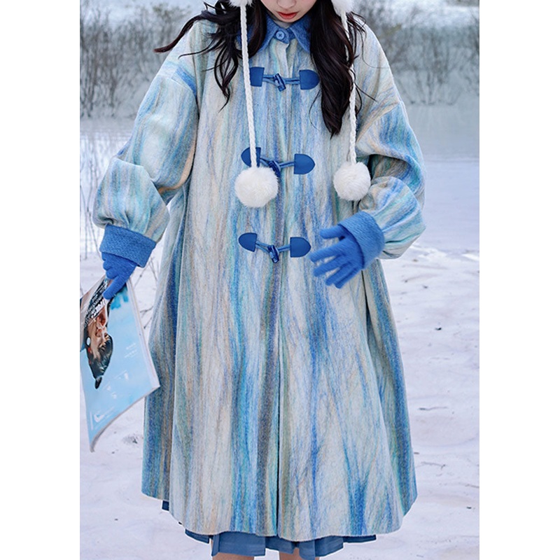 Italian Gradient Color Sea Blue Peter Pan Collar Button Thick Woolen Trench Coats Winter
