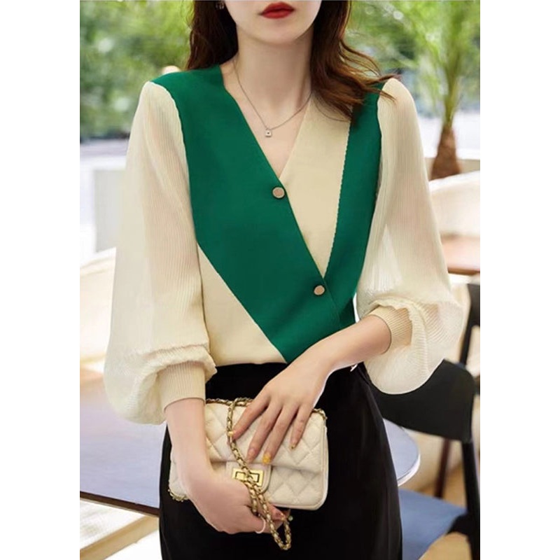 Italian Green V Neck Chiffon Patchwork Knit Shirts Fall