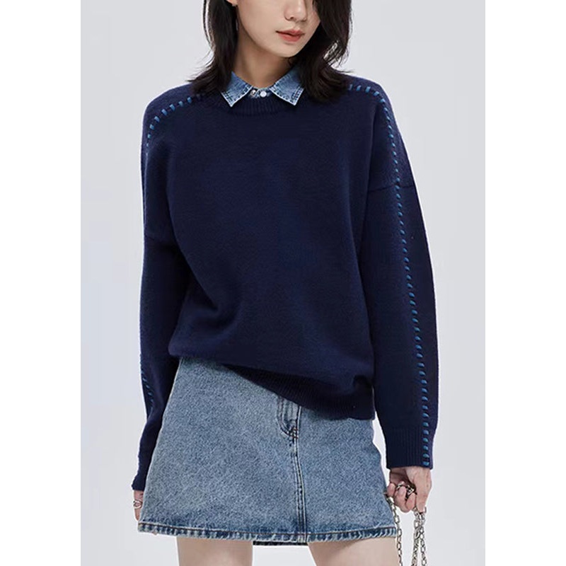 Italian Navy O-Neck Thick Patchwork Woolen Sweater Tops Fall