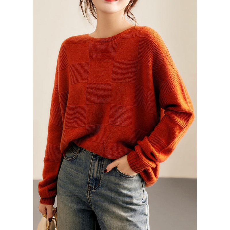 Italian Orange O Neck Cozy Patchwork Knit Woolen Sweater Fall