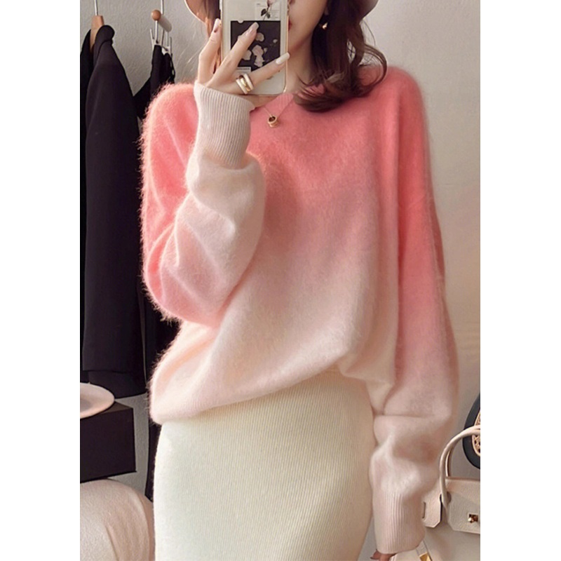 Italian Pink Gradient Color O Neck Cozy Knit Sweaters Long Sleeve