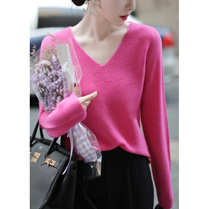 Italian Rose V Neck Warm Woolen Knit Top Fall