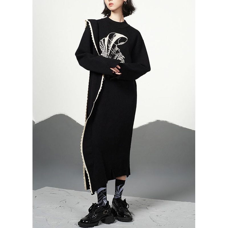 Jacquard Black Ruffled Patchwork Cotton Knit Long Sweater Dress Fall