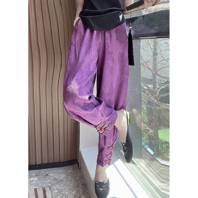Jacquard Purple Pockets Elastic Waist Patchwork Silk Crop Pants Fall