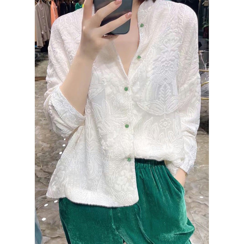 Jacquard White Stand Collar Button Silk Velour Coat Fall