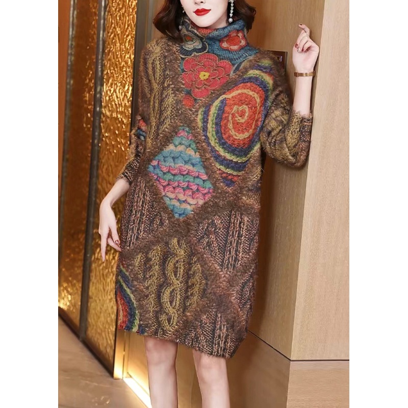 Loose Coffee Print Patchwork Cozy Mink Hair Knitted Mid Dress Fall