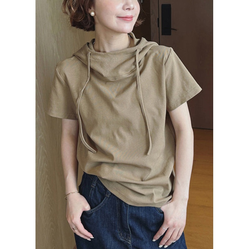 Loose Khaki Hooded Lace Up Patchwork Cotton T Shirt Summer