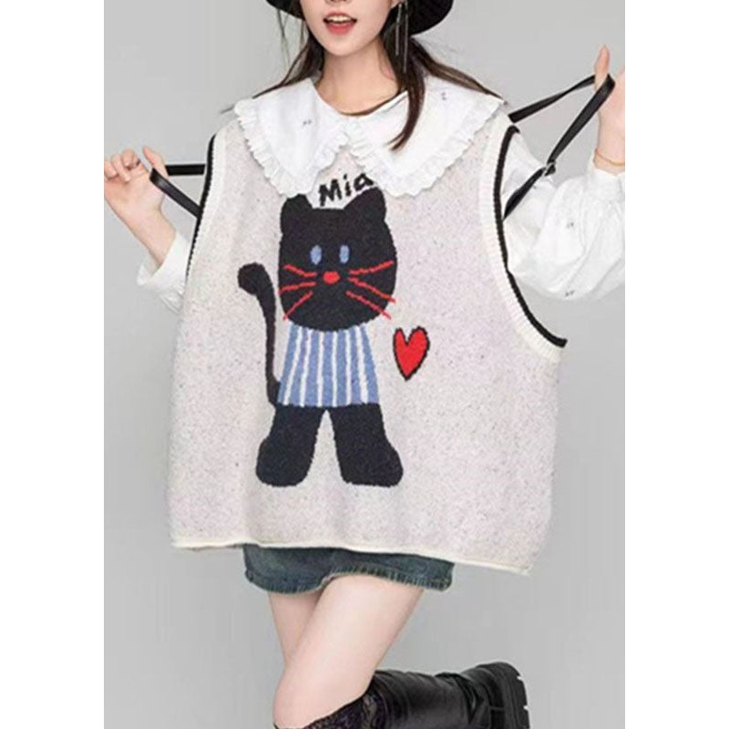Loose Light Grey O-Neck Animal Floral Cozy Cotton Knit Waistcoat Fall