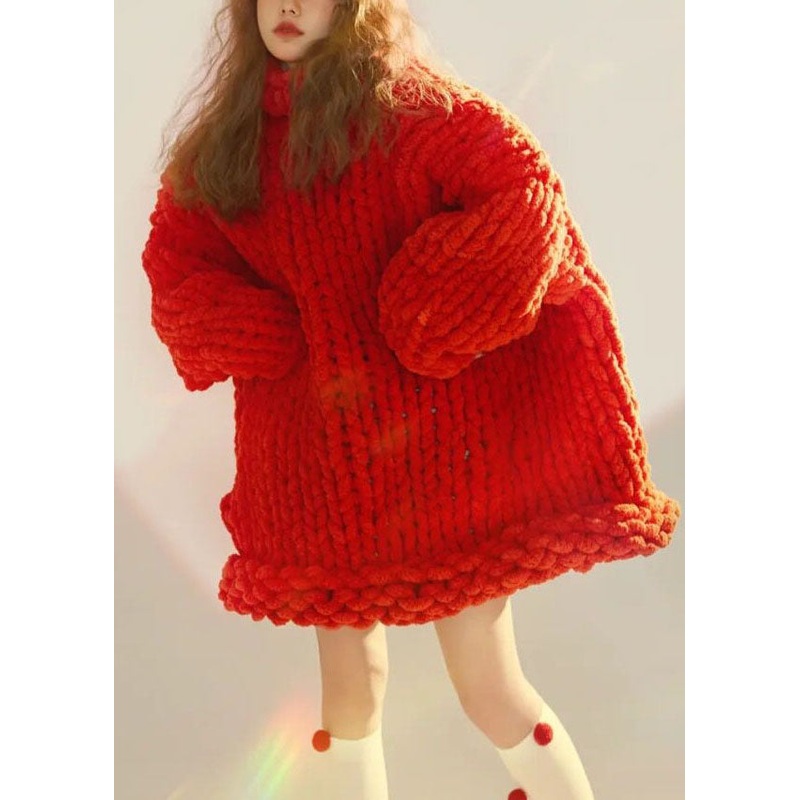 Loose Red Turtleneck Cozy Cable Cotton Knit Sweater Fall