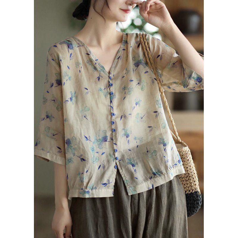 Loose Yellow Print Button Patchwork Cotton T Shirt Top Summer