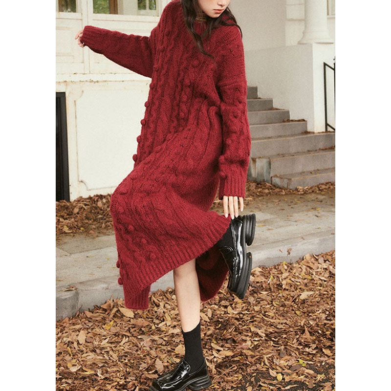 Natural Purplish Red O-Neck Cable Cotton Knit Sweater Maxi Dress Long Sleeve