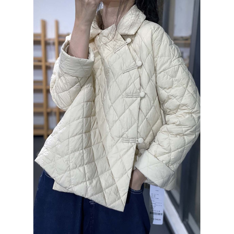 New Beige Peter Pan Collar Button Patchwork Thin Parka Winter