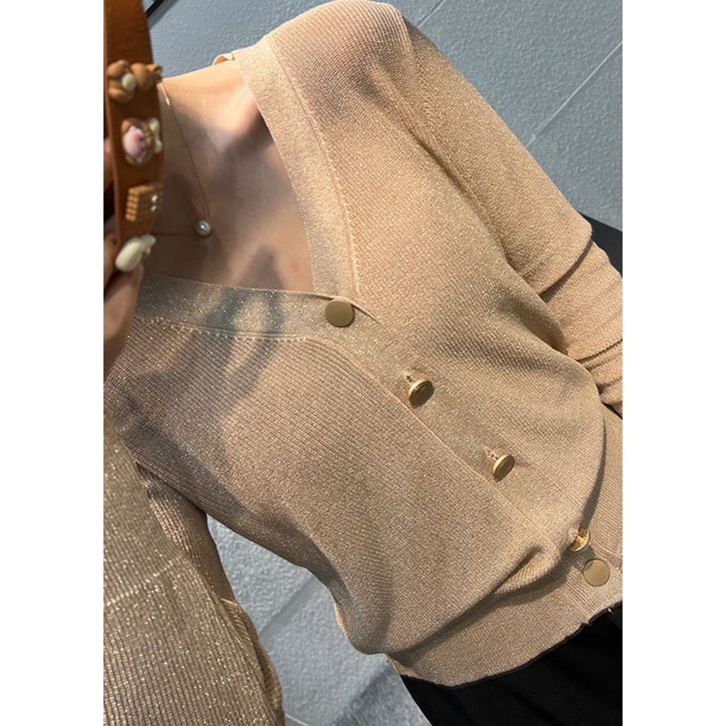 New Khaki V Neck Button Patchwork Knit Top Fall
