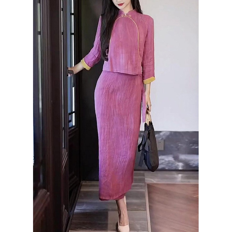 New Retro Purple Stand Collar Lace Up Patchwork Cotton Two Piece Suit Set Fall