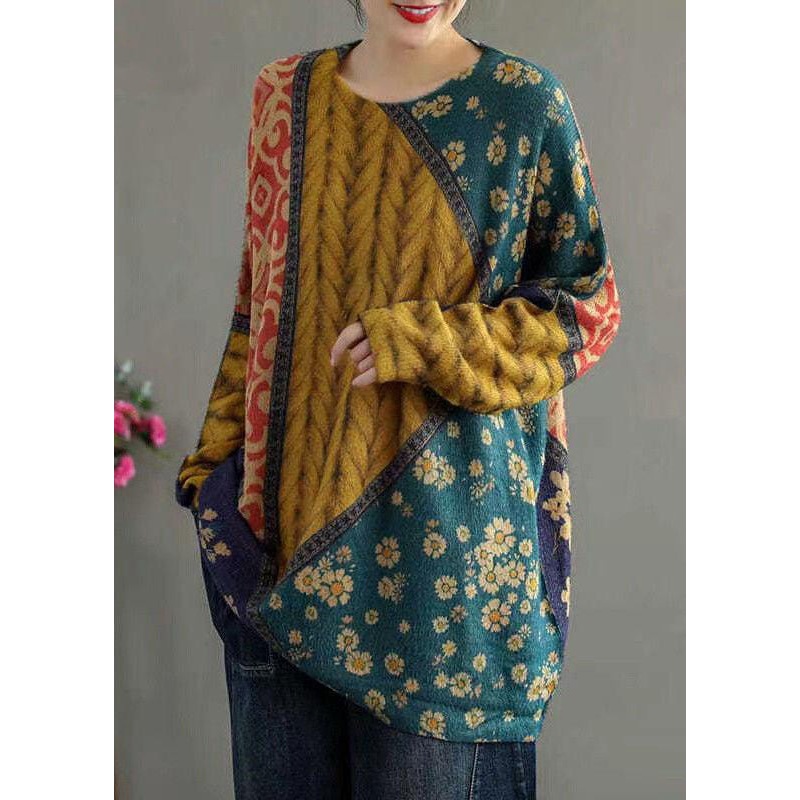 New Yellow O Neck Print Patchwork Mink Hair Knitted Tops Fall