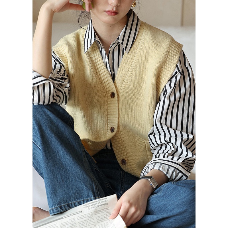 New Yellow V Neck Button Patchwork Woolen Knit Vest Sleeveless