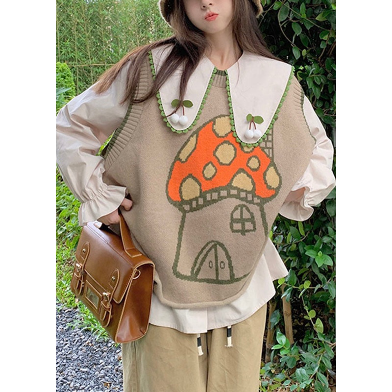 Novelty Khaki Print Knit Waistcoat And Shirts Two Piece Set Fall