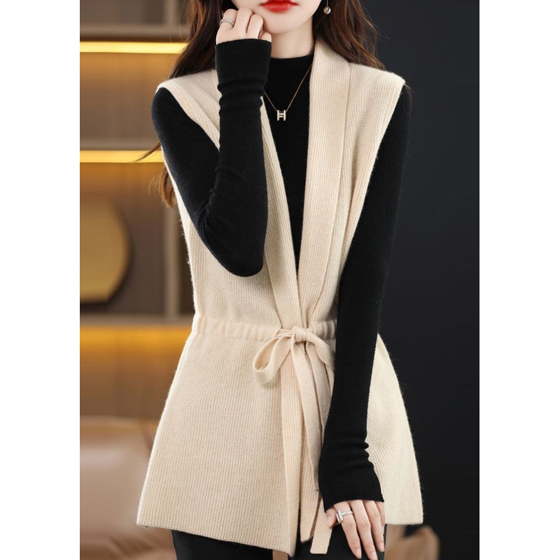 Organic Apricot V Neck Drawstring Patchwork Woolen Vest Sleeveless