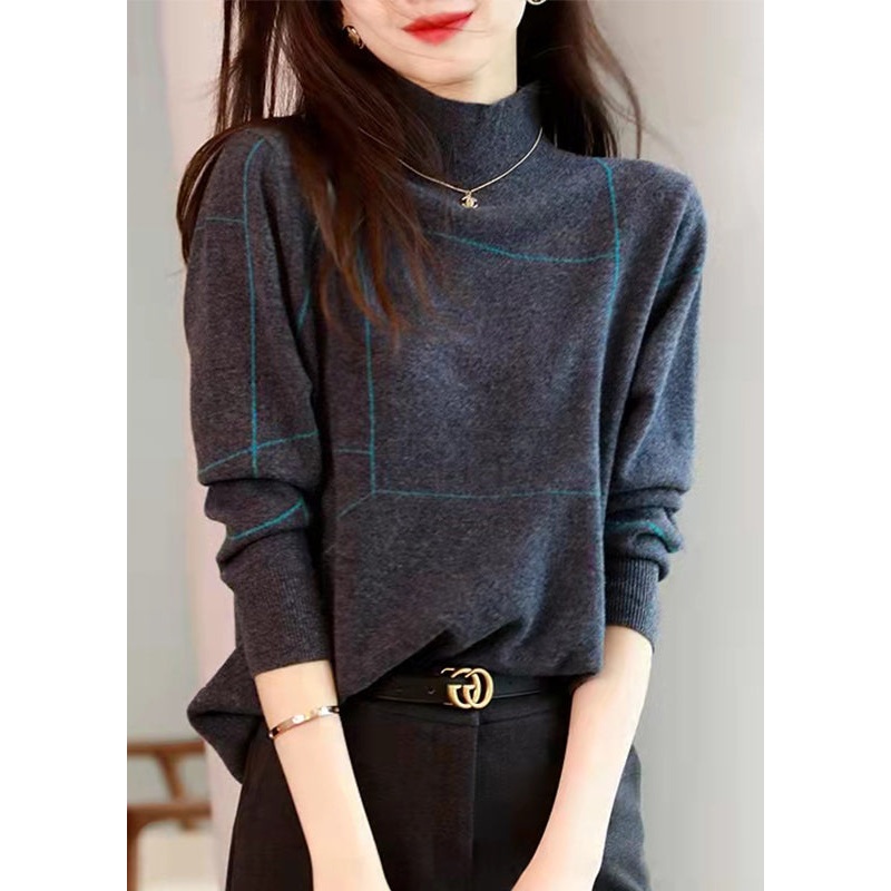 Original Design Grey Hign Neck Thick Patchwork Knit Sweater Fall