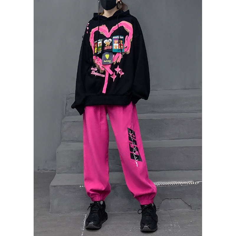 Plus Size Black Print Cotton Hooded Pullover And Lantern Pants Two Pieces Set Fall
