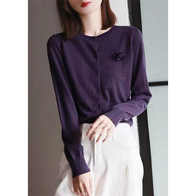 Plus Size Purple O Neck Floral Patchwork Woolen Knit Cardigans Fall