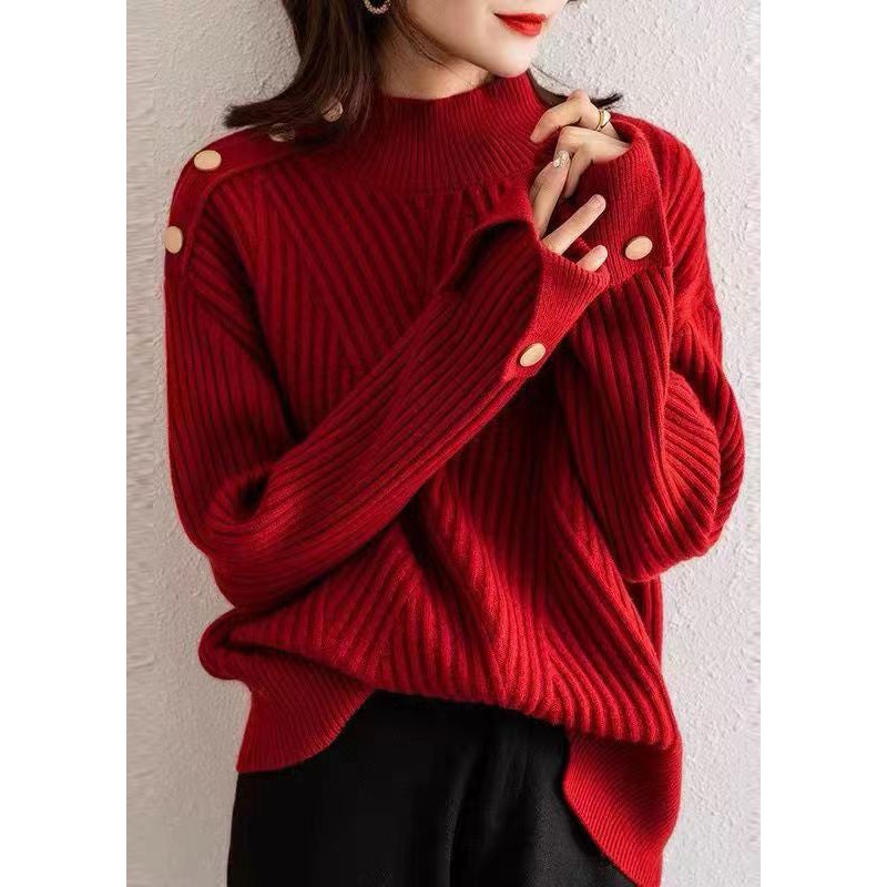 Plus Size Red Stand Collar Thick Patchwork Knit Pullover Fall