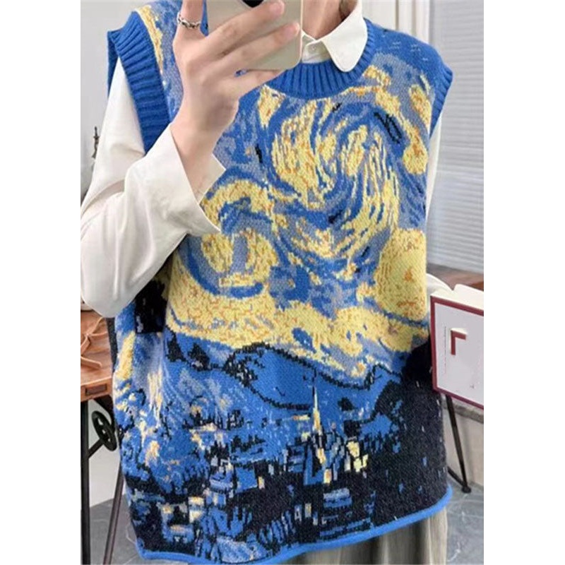 Retro Blue O-Neck Print Cotton Knit Waistcoat Sleeveless