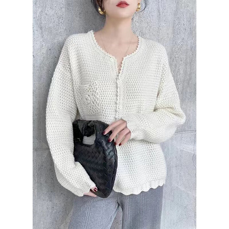 Simple Beige O Neck Hollow Out Button Patchwork Knit Top Fall