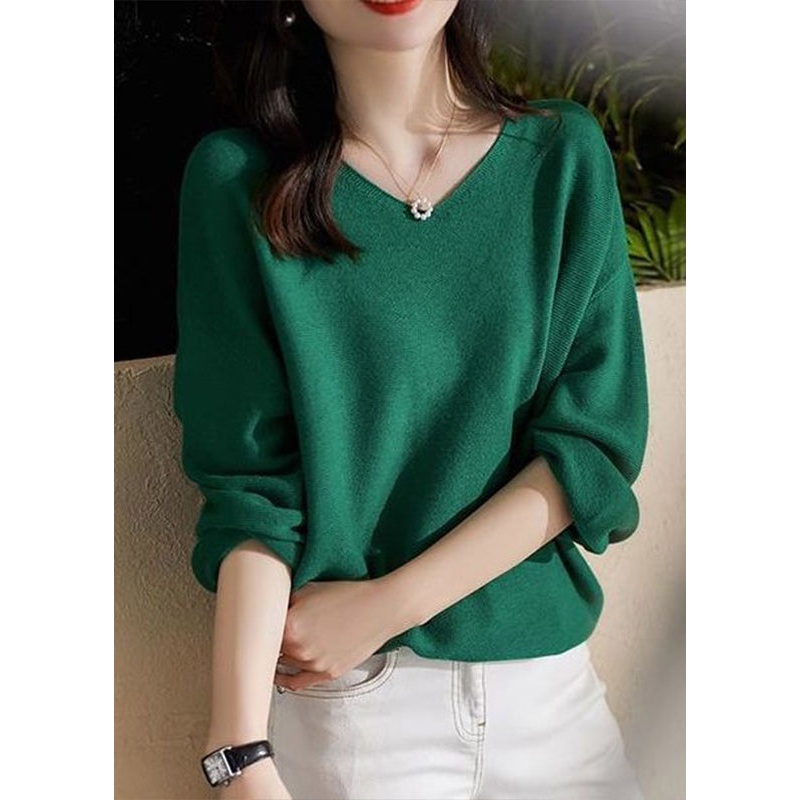 Simple Green O Neck Patchwork Cozy Cotton Knit Top Long Sleeve