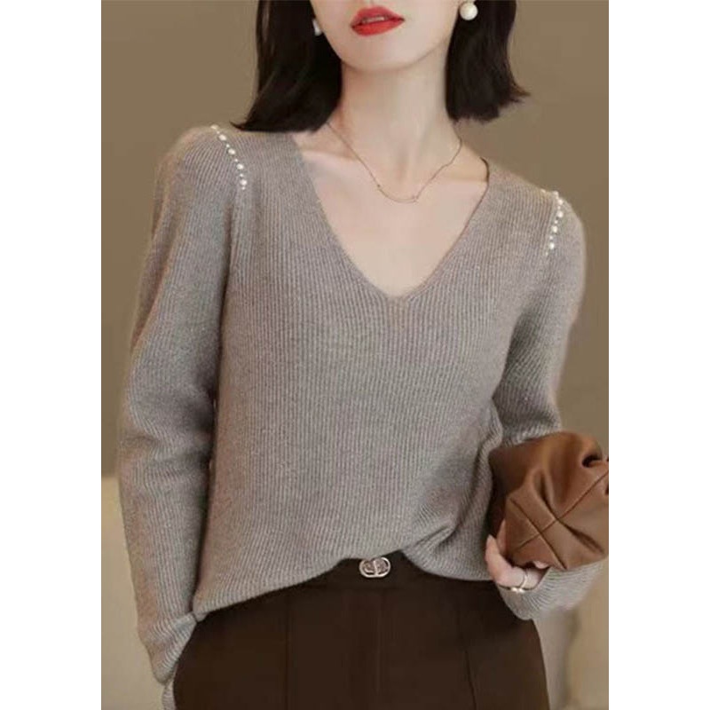 Simple Light Camel V Neck Nail Bead Patchwork Woolen Sweater Tops Fall