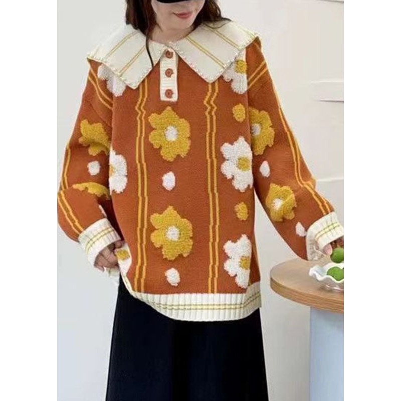 Simple Orange Peter Pan Collar Floral Nail Bead Cotton Knit Sweaters Fall