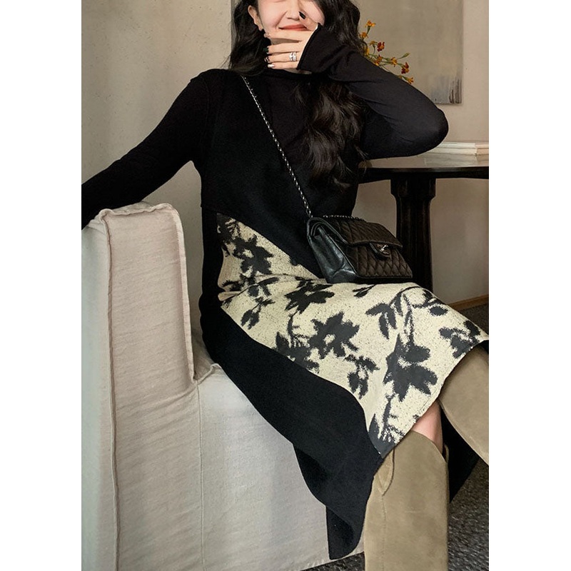 Slim Fit Black Woolen Patchwork Jacquard Long Dress Sleeveless