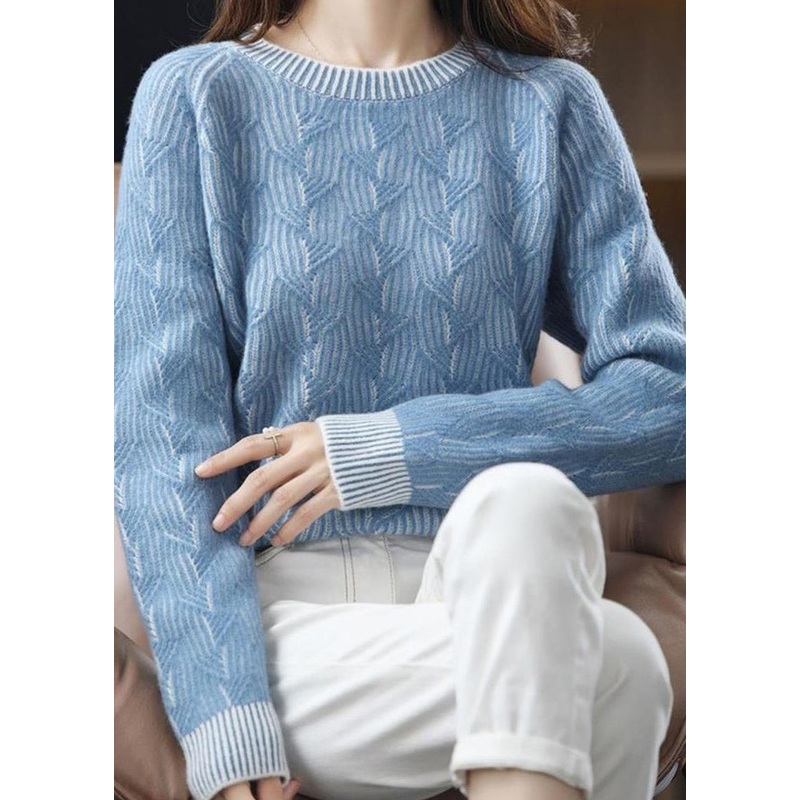 Style Blue O Neck Thick Patchwork Cozy Knit Short Sweater Fall