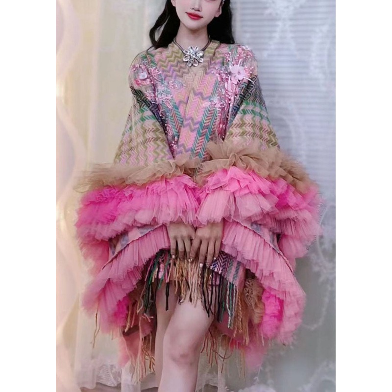 Style Brown Print Tassel Tulle Patchwork Knit Vacation Mid Cape Dresses Long Sleeve