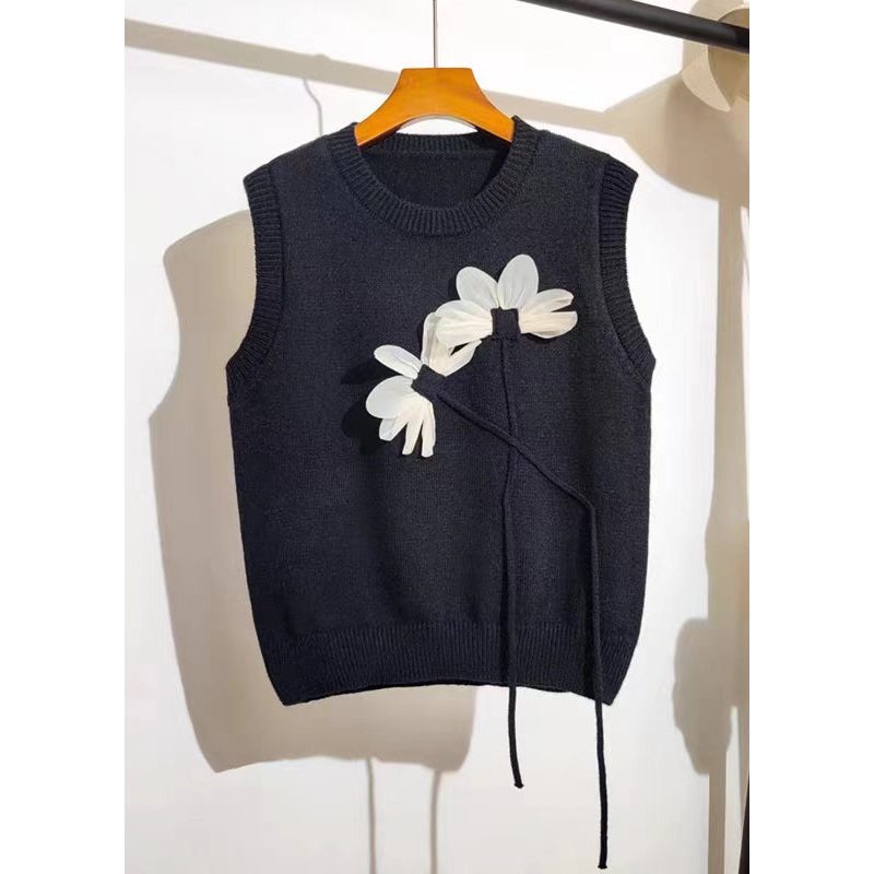 Stylish Black O Neck Floral Patchwork Knit Vest Tops Sleeveless