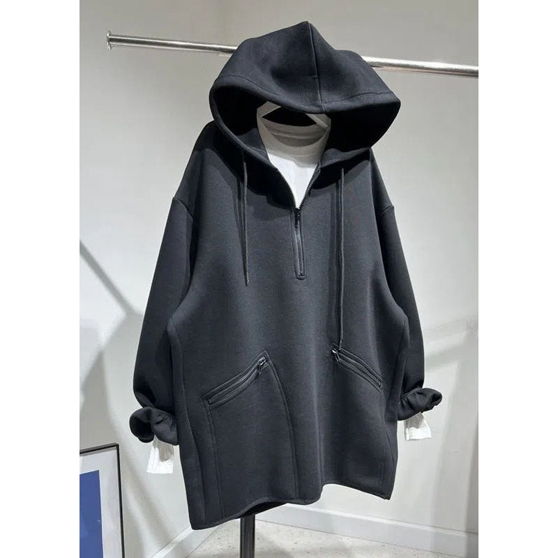 Unique Black Zippered Drawstring Hooded Pullover Long Sleeve
