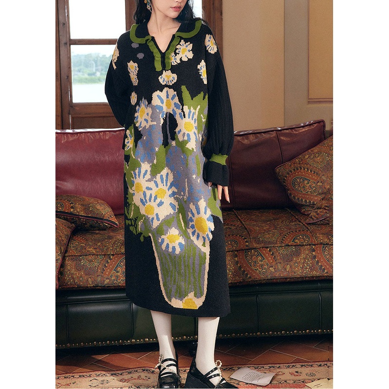 Vintage Black V Neck Print Ruffled Patchwork Cotton Knit Long Dress Fall
