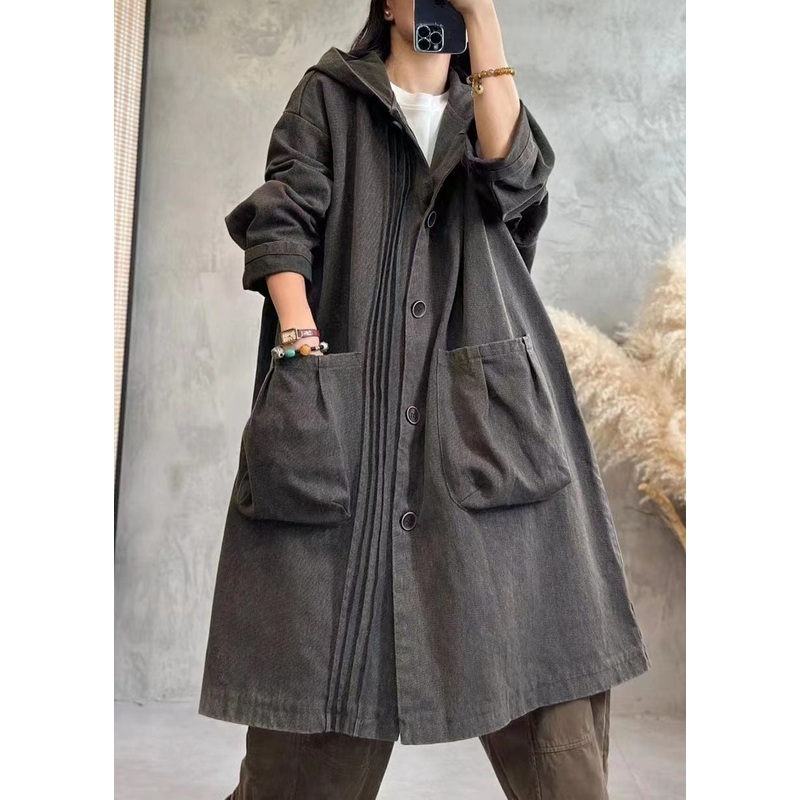 Vintage Black Wrinkled Button Hoodies Denim Trench Coats Fall
