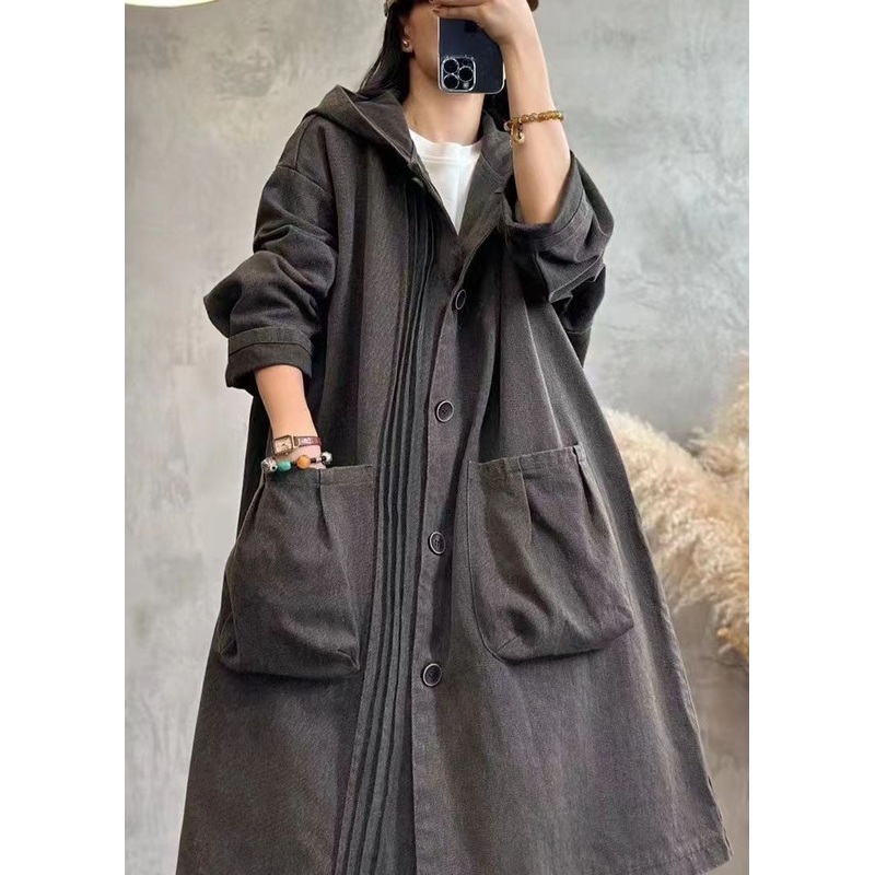 Vintage Black Wrinkled Patchwork Button Hooded Denim Trench Coats Long Sleeve