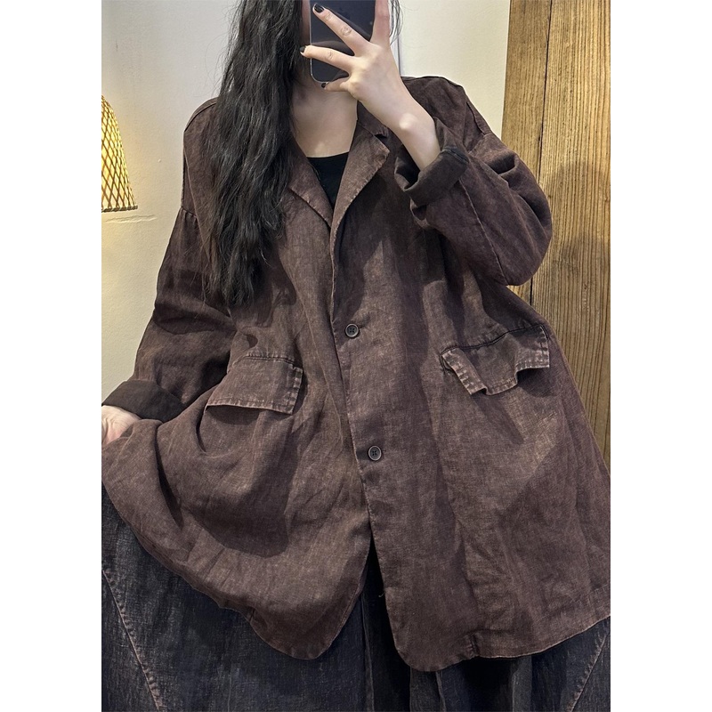 Vintage Coffee Patchwork Button Linen Coats Long Sleeve