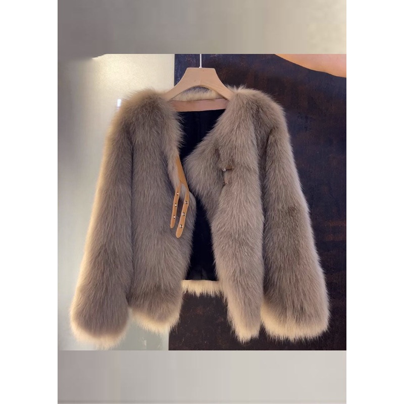 Vogue Brown V Neck Leather And Fur Coats Fall