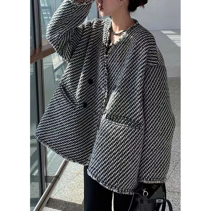 Vogue V Neck Pockets Plaid Coats Fall
