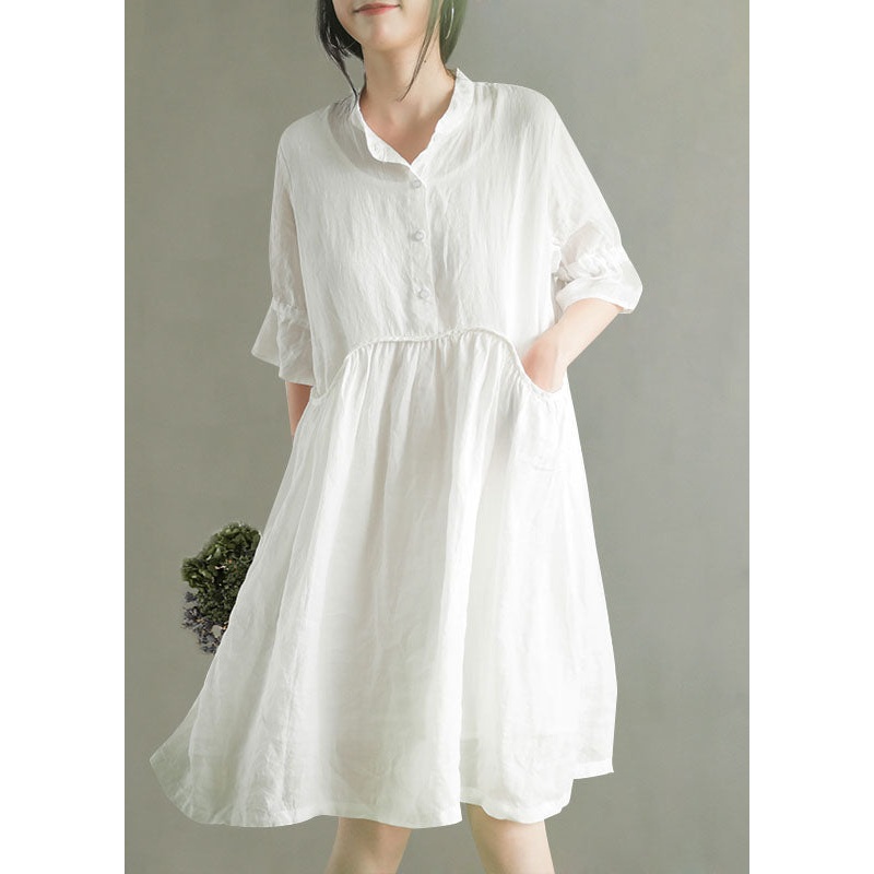 White Wrinkled Button Solid Ramie Mid Dress Half Sleeve
