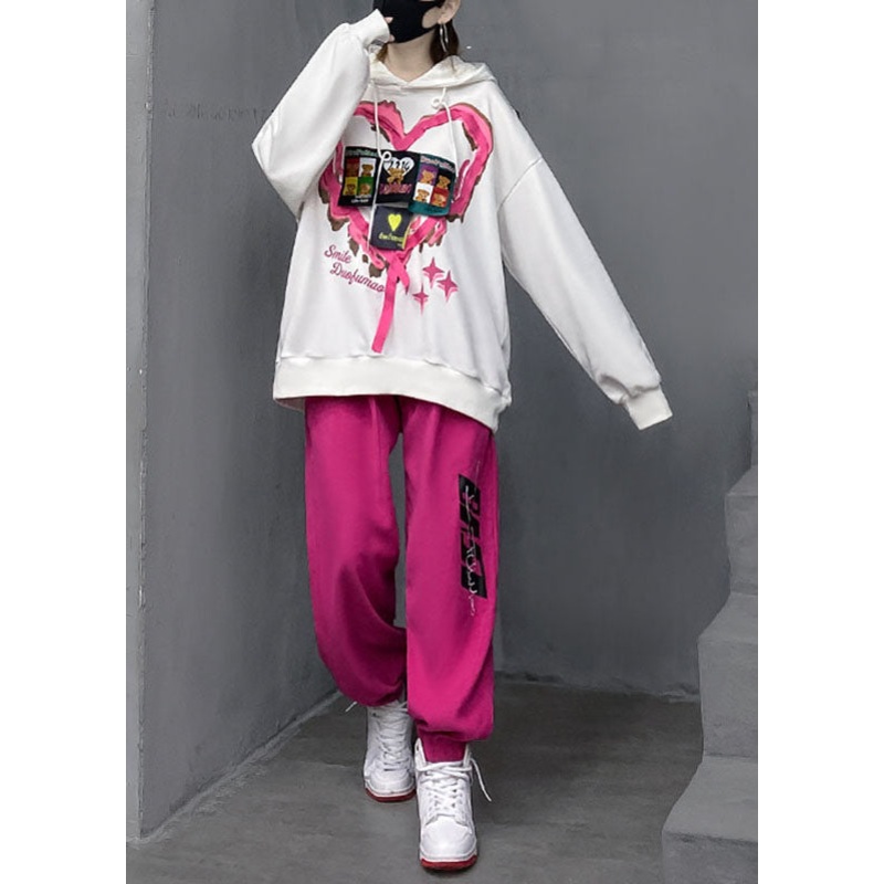 White Wrinkled Cotton Hooded Top And Lantern Pants Two Pieces Set Long Sleeve