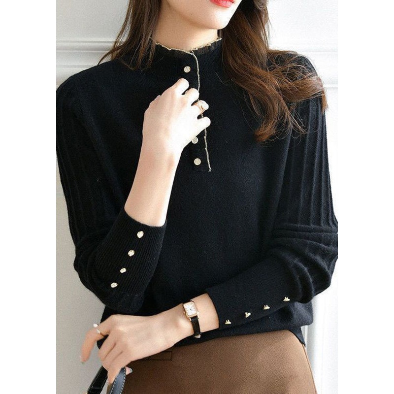 Women Black Ruffled Button Patchwork Knit Sweaters Long Sleeve