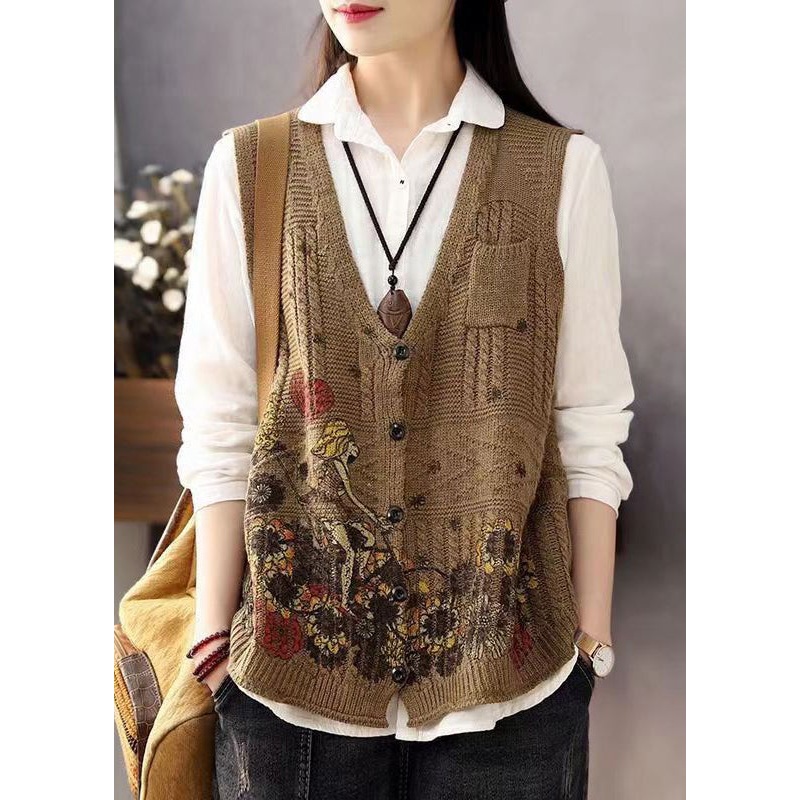 Women Brown V Neck Print Button Cotton Knit Waistcoat Sleeveless