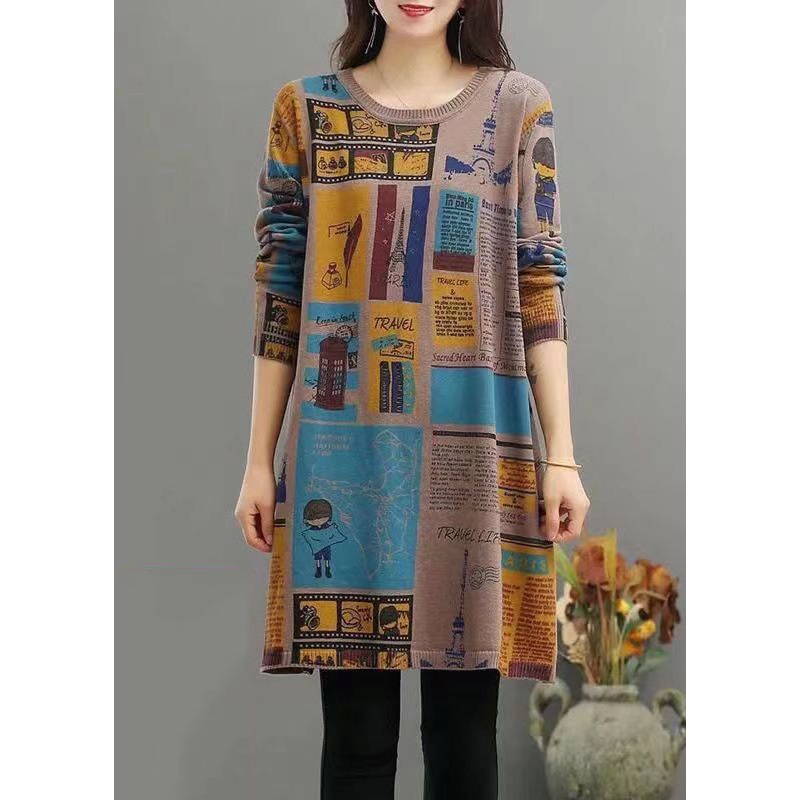 Women Camel O Neck Print Patchwork Warm Fleece Mid Dress Winter